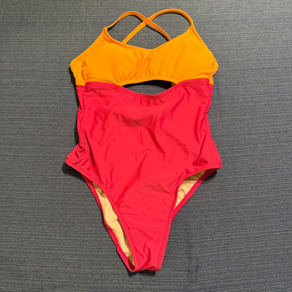 Kona Sol Womens Orange Pink Colorblock Cutout One Piece Swimsuit Small